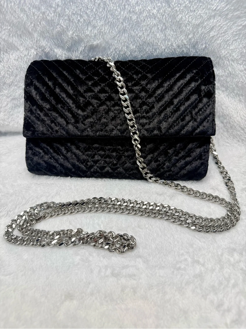 Vince Camuto small black velvet quilted shoulder bag with silver chain